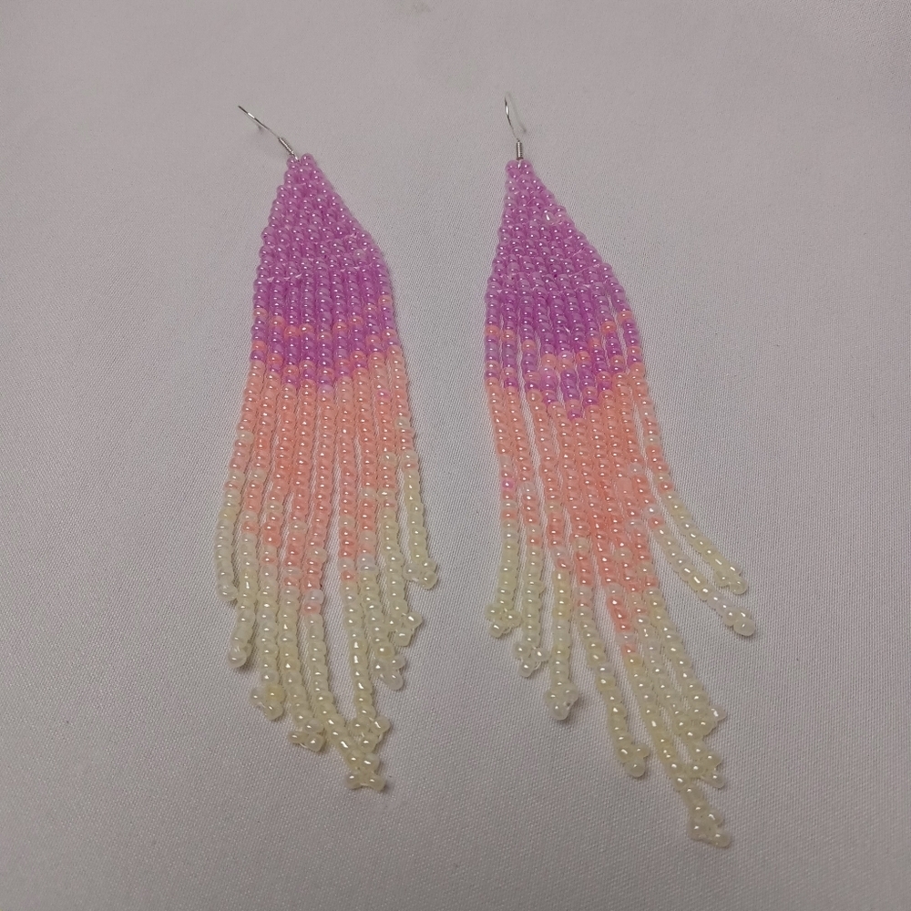 Elegant Beaded Dangle Earrings - Purple, Pink, Cream - Picture 2 of 9